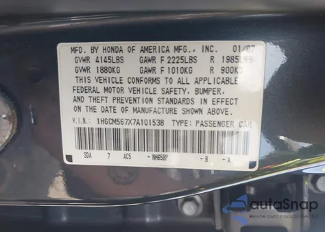 2007 Honda Accord 2.4 Ex из США, поврежденный, VIN 1HGCM567X7A101538